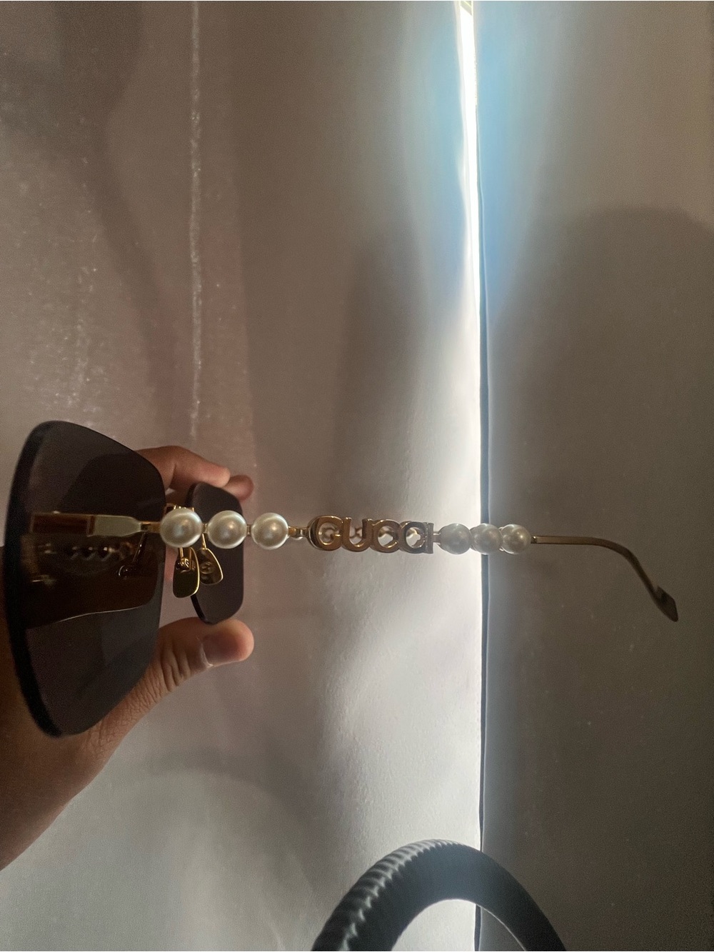 Gucci Gold Frame Sunglasses with Pearl Temple and Brown Lenses
